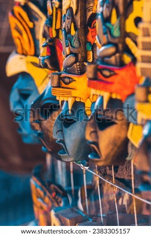 Mayan Colorful Wooden Masks. Mayan Mask in a traditional Mexican market.