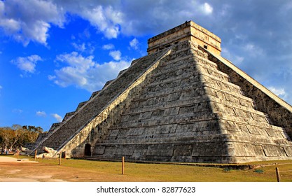 Mayan Pyramid Over Blue Sky At Equinox Day Chichen Itza Mexico