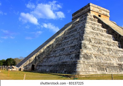 Mayan Pyramid Over Blue Sky At Equinox Day Chichen Itza Mexico