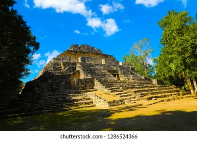 Mayan Ruin In Costa Maya, Mexico   Chacchoben. Blue Sky