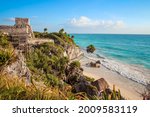 Mayan ruins on beautiful Caribbean coast in Tulum Mexico. Mexican caribbean beach