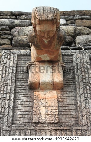 Mayan statue decorating the ball court of Tonina archaeological site in Chiapas, Mexico