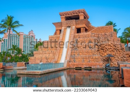 Mayan Temple water slide including Leap of Faith and Challenger Slide at Adventure Park in Atlantis Hotel on Paradise Island, Bahamas.