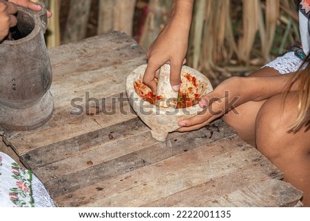 Mayan woman making sauce in a traditional molcajete, Yucatan, Mexico