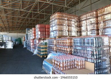 MAYKOP, RUSSIA - OCTOBER 08, 2020:  Large Distribution  Warehouse On Storage Of The Packed Mineral Water At Beverage Plant In Maykop, Republic Of Adygea, Russia
