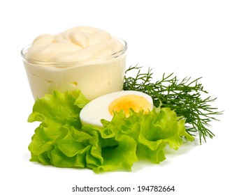 Mayonnaise And Boiled Egg Isolated On White