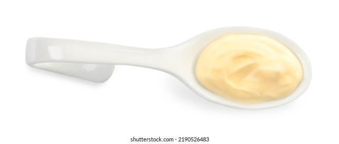 Mayonnaise In Ceramic Serving Spoon Isolated On White, Top View