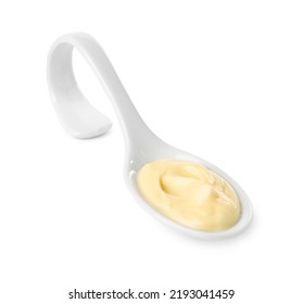 Mayonnaise In Ceramic Serving Spoon Isolated On White