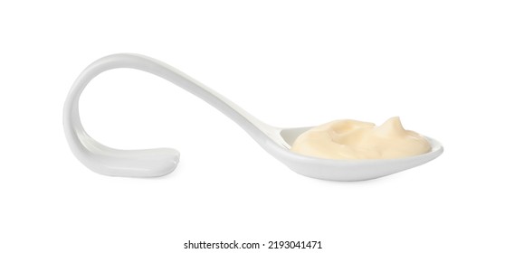 Mayonnaise In Ceramic Serving Spoon Isolated On White