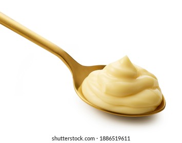 Mayonnaise In Golden Spoon Isolated On White Background