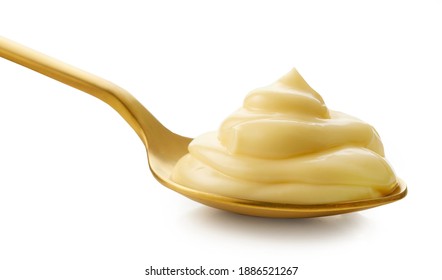 Mayonnaise In Golden Spoon Isolated On White Background