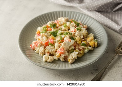 Mayonnaise Meat And Corn Salad With Bell Pepper. Russian Salad.