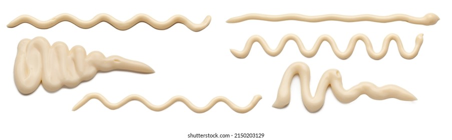 Mayonnaise sauce in the form of lines. Collection of wavy lines of mayonnaise sauce isolated on white background. - Shutterstock ID 2150203129