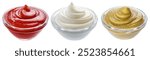 Mayonnaise sauce, ketchup and mustard sauce in glass bowls on white background, front view. File contains clipping paths.