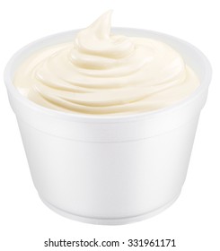 Mayonnaise sauce in the plastic cup. File contains clipping paths.