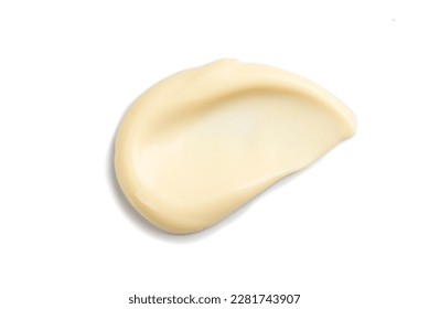 Mayonnaise smear close up. Tasty home made healthy vegan mayonnaise isolated on white background. White cream, sauce. 