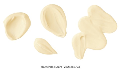 Mayonnaise smear isolated. Mayonnaise drop and splash set. Wavy lines of mayonnaise sauce on white background. Top view. Flat lay.