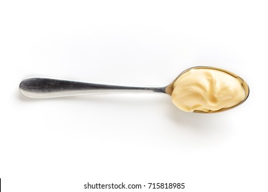 Mayonnaise In A Spoon, Isolated On White Background, Top View