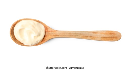 Mayonnaise In Wooden Spoon Isolated On White, Top View