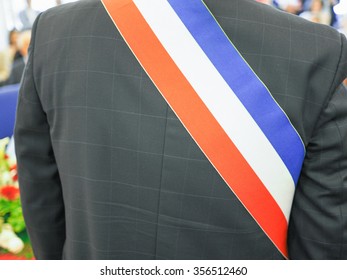 Mayor Of French Town With French Tricolour Flag Mayoral Sash