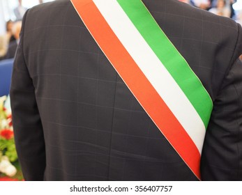 Mayor Of Italian Town With Italian Tricolour Flag Mayoral Sash