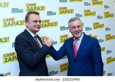 Mayor Of Lviv Andriy Sadovyi (left) And Anatoliy Grytzenko, Leader Of The Civil Position Party, Shaking Hands During Press-conference. March 7, 2019. Kiev, Ukraine