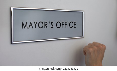 Mayor Office Door, Hand Knocking, Municipal Government Official, Authority