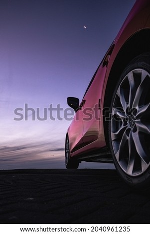 Mazda, car, sunset, clouds, red, blue