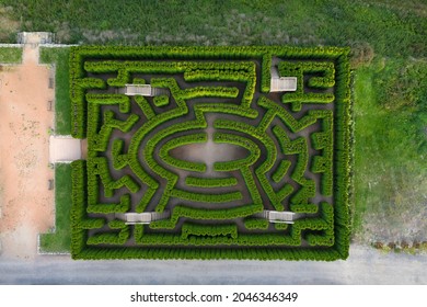 Maze Of Bushes In Botanical Park - Nature Background 
Labyrinth From Above. Aerial View
Natural Maze From The Hedge, Good Fun And Entertainment