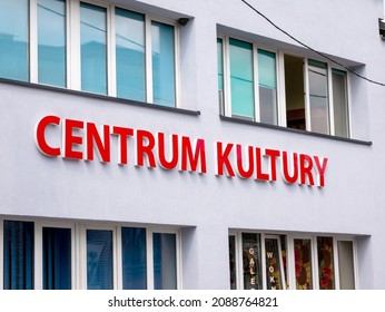 Jedlińsk, Mazowieckie, Poland - November 2021: House Of Culture Building Facade, Dom Kultury, Centrum Kultury Cultural Institution, Club House Exterior, Community Center Signange Symbol, Closeup