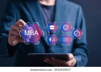 MBA or master of business administration program concept. Businessman touching virtual MBA icons for personal development.	