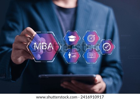 MBA or master of business administration program concept. Businessman touching virtual MBA icons for personal development.	