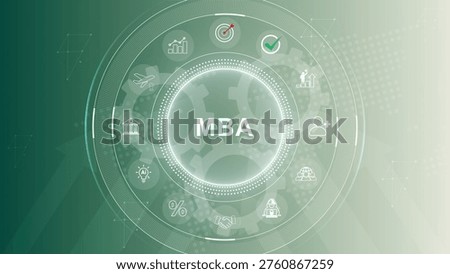 MBA or master of business administration program concept.MBA icons for personal development. 3d Motion graphics of technology icon interface background