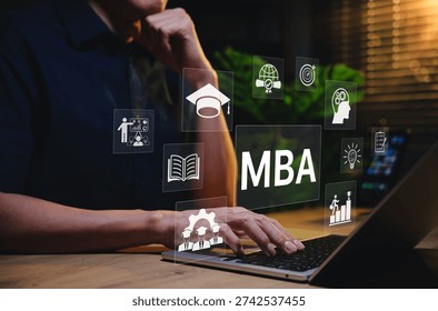 MBA program concept. Master of Business Administration. Businessman using laptop with business learning icons, education, leadership, global management, online degree, skills, growth, academic success