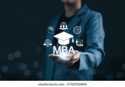 MBA program concept. Professional presenting glowing Master of Business Administration icon symbolizing executive leadership, strategic management education and career advancement opportunities.