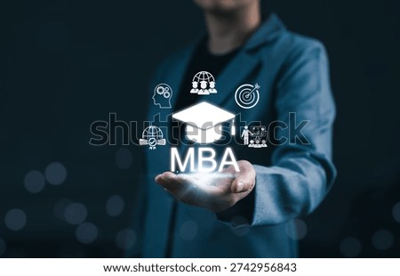 MBA program concept. Professional presenting glowing Master of Business Administration icon symbolizing executive leadership, strategic management education and career advancement opportunities.