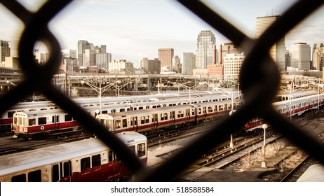 MBTA Subway Trains Parked In Boston, USA.