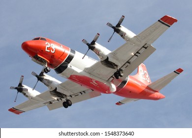 MCCLELLAN, CA, OCTOBER 2019-A P-3 Orion Airtanker Returns To CalFire’s McClellan Air Attack Base To Reload With Fire Retardant While Battling The Kincade Wildfire In Sonoma County, CA