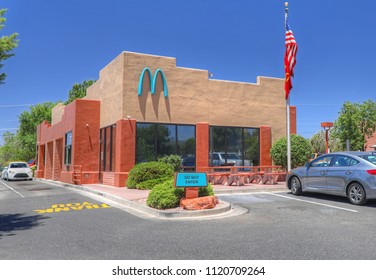 McDonald's Fast Food Restaurant, Blue Teal Color Logo, Sedona Arizona USA, June 21, 2018 