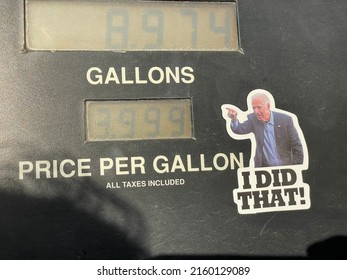 McGregor, Minn.  US - May 13, 2022 : A sticker mocking President Joe Biden points towards current fuel prices on a gas station pump. 2487