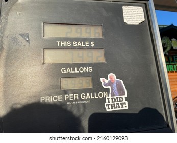 McGregor, Minn.  US - May 13, 2022 : A sticker mocking President Joe Biden points towards current fuel prices on a gas station pump. 2484