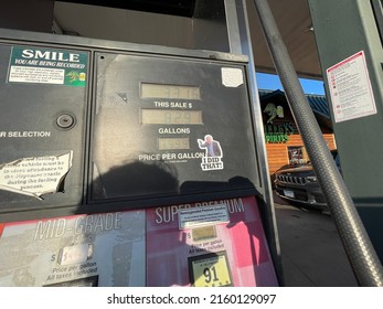 McGregor, Minn.  US - May 13, 2022 : A sticker mocking President Joe Biden points towards current fuel prices on a gas station pump. 2486