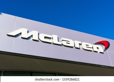 McLaren logo above British automotive manufacturer McLaren Automotive dealership in Silicon Valley - Palo Alto, California, USA - 2019