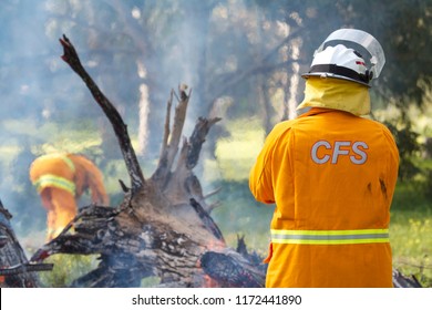 McLAREN VALE, SOUTH AUSTRALIA, AUGUST 2018; A Volunteer Firefighter From The Country Fire Service Oversees A Burn Off In Preparation For The Coming Summer Fire Season.