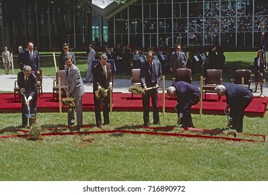 McLean Virginia USA, 24th May, 1984
President Ronald Reagan Along With VP George H.W. Bush, And WIlliam Casey, Stansfield Turner, At The Ground Breaking Of The New George H.W. Bush CIA Building. 
