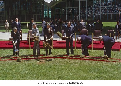 McLean Virginia USA, 24th May, 1984
President Ronald Reagan Along With VP George H.W. Bush, And WIlliam Casey, Stansfield Turner, At The Ground Breaking Of The New George H.W. Bush CIA Building. 
