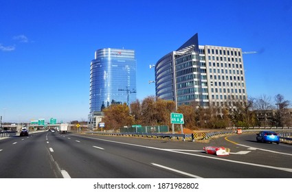 McLean, Virginia, U.S.A - December 6, 2020 - The View Of The Traffic On Interstate 495 By The Capital One Building