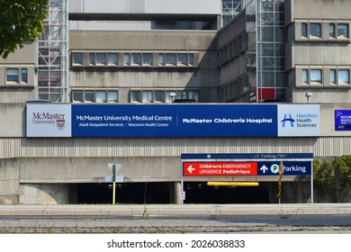 McMasters Children's Hospital Sign With Emergency Sign Underneath It, Hamilton, Ontario, Canada, August, 7, 2021  