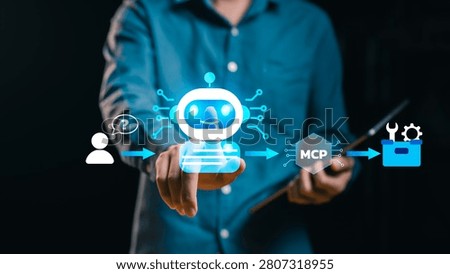 MCP Workflow Connecting User Prompt, LLM and External AI Tool, Businessman request processed large language model and routed through Model Context Protocol call external tool, API, automation system