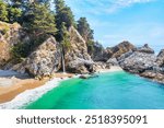 McWay Falls on Highway 1 and Big Sur along the Pacific Ocean coast, beautiful landscape and aerial view, sunset, sunrise, fog. Concept, travel, vacation, weekend.